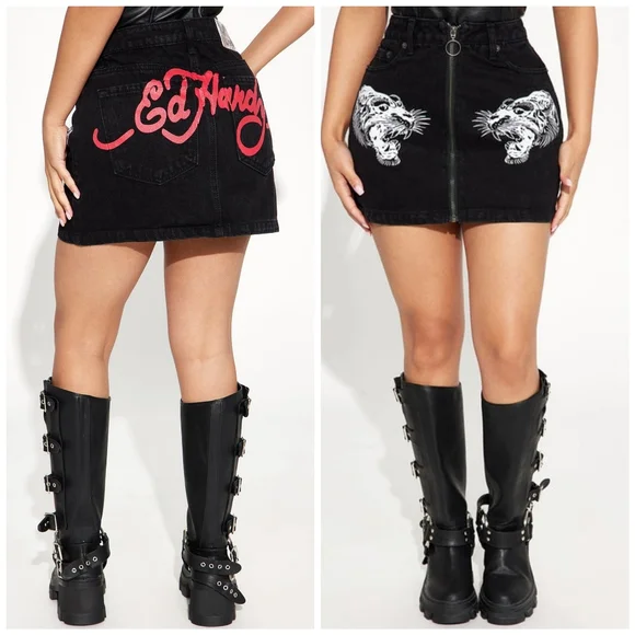 Ed Hardy Black Denim Mini Skirt - Picture 1 of 10
